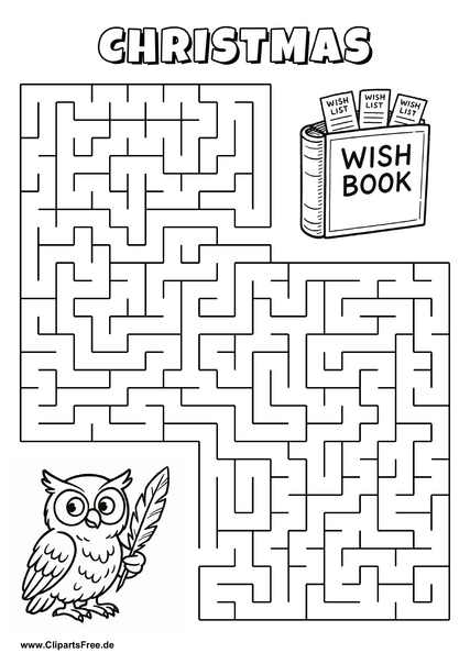 Labyrinth-Rätsel zum Drucken 'Eule sucht den Weg zum Buch mit Wunschzetteln'