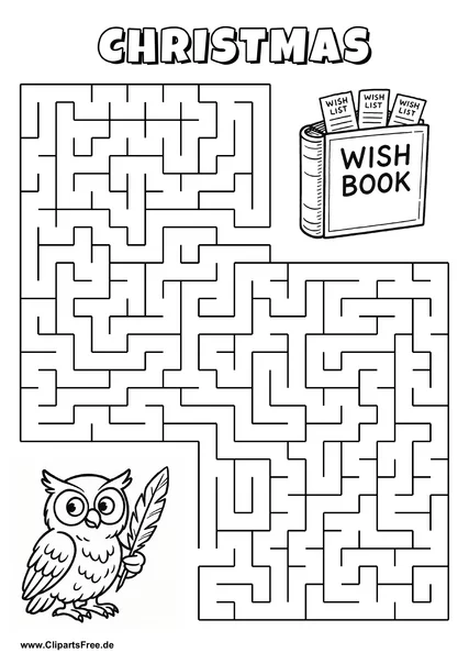 Labyrinth-Rätsel zum Drucken 'Eule sucht den Weg zum Buch mit Wunschzetteln'