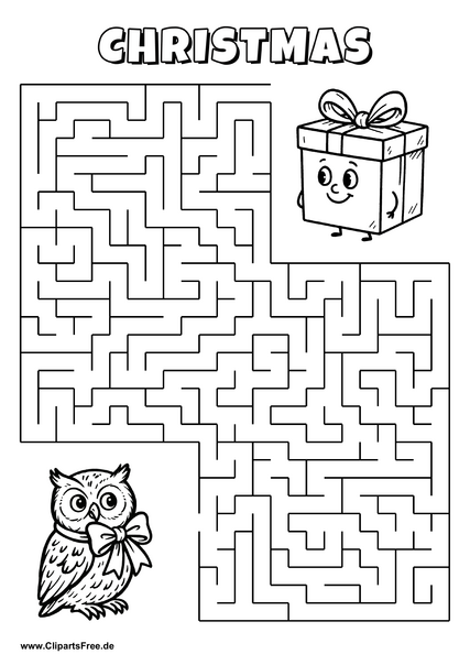 Labyrinth-Rätsel zum Drucken 'Eule sucht den Weg zur Geschenkkiste'