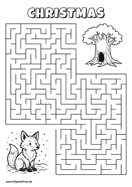 Labyrinth-Rätsel zum Drucken 'Fuchs mit Schneeball sucht den Weg zum Schneemann'