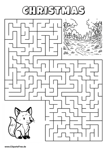 Labyrinth-Rätsel zum Drucken 'Fuchs sucht den Weg zum Weihnachtsfest'