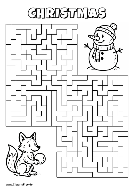 Labyrinth-Rätsel zum Drucken 'Fuchs sucht den Weg zur Weihnachtsparty'