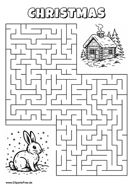 Labyrinth-Rätsel zum Drucken 'Hase im Schnee sucht den Weg zur Winterhütte'