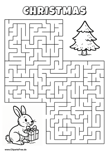 Labyrinth-Rätsel zum Drucken 'Hase mit Geschenk sucht den Weg zum Tannenbaum'