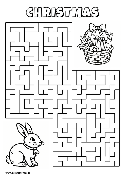 Labyrinth-Rätsel zum Drucken 'Hase mit Glocke sucht den Weg zum Weihnachtskorb'