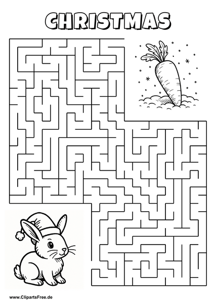 Labyrinth-Rätsel zum Drucken 'Hase mit Weihnachtsmütze sucht den Weg zur Möhre'