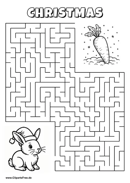 Labyrinth-Rätsel zum Drucken 'Hase mit Weihnachtsmütze sucht den Weg zur Möhre'