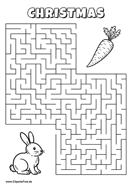Labyrinth-Rätsel zum Drucken 'Kaninchen im Winter sucht den Weg zur leckeren Karotte'