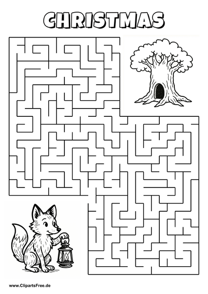 Labyrinth-Rätsel zum Drucken 'Kleiner Fuchs sucht den Weg zum Schneemann'