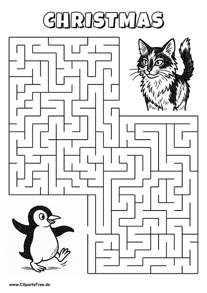 Labyrinth-Rätsel zum Drucken 'Pinguin beim Tanzen sucht den Weg zur Katze'