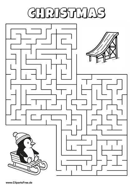 Labyrinth-Rätsel zum Drucken 'Pinguin im Schlitten sucht den Weg zur Rutsche'