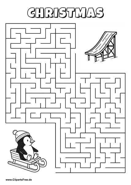 Labyrinth-Rätsel zum Drucken 'Pinguin im Schlitten sucht den Weg zur Rutsche'
