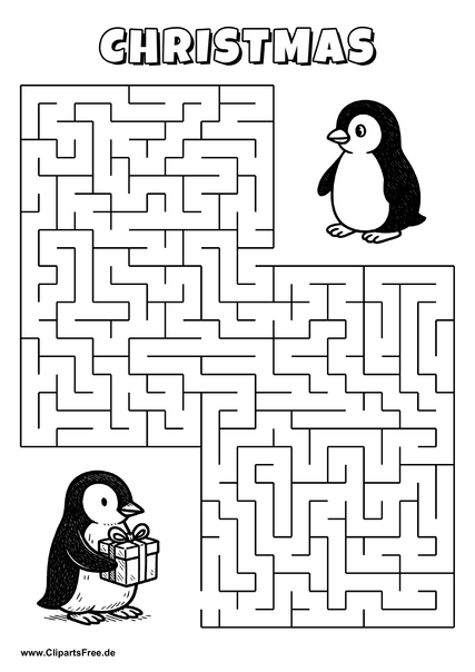 Labyrinth-Rätsel zum Drucken 'Pinguin mit Geschenk sucht den Weg zum anderen Pinguin'