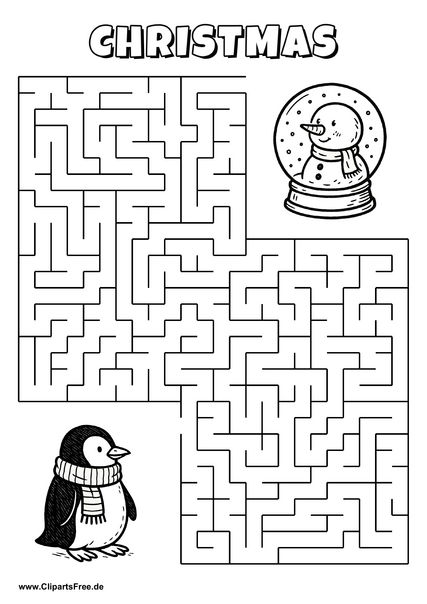 Labyrinth-Rätsel zum Drucken 'Pinguin mit Schal sucht den Weg zur Schneekugel'
