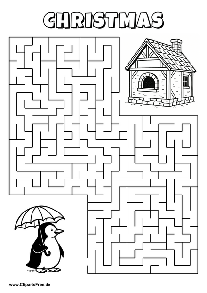 Labyrinth-Rätsel zum Drucken 'Pinguin mit Schirm sucht den Weg zum Haus'