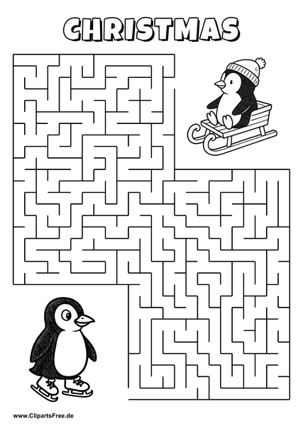 Labyrinth-Rätsel zum Drucken 'Pinguin mit Schlittschuhen sucht den Weg zu seinem Kind'
