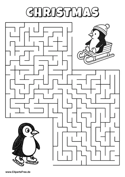 Labyrinth-Rätsel zum Drucken 'Pinguin mit Schlittschuhen sucht den Weg zu seinem Kind'