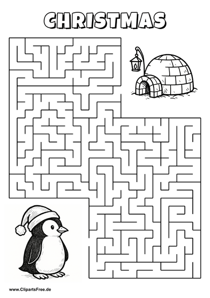 Labyrinth-Rätsel zum Drucken 'Pinguin mit Weihnachtsmütze sucht den Weg zum Iglu'