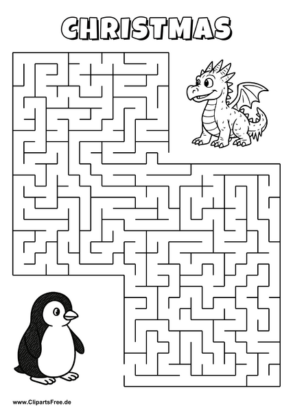 Labyrinth-Rätsel zum Drucken 'Pinguin sucht den Weg zum kleinen Drachen'