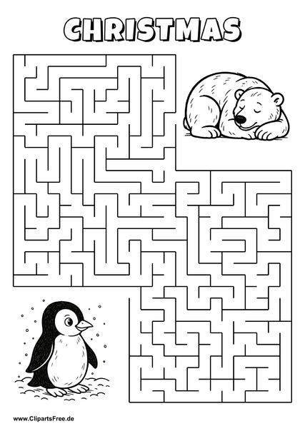 Labyrinth-Rätsel zum Drucken 'Pinguin sucht den Weg zum schlafenden Eisbär'