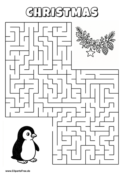 Labyrinth-Rätsel zum Drucken 'Pinguin sucht den Weg zur Weihnachtsgirlande'