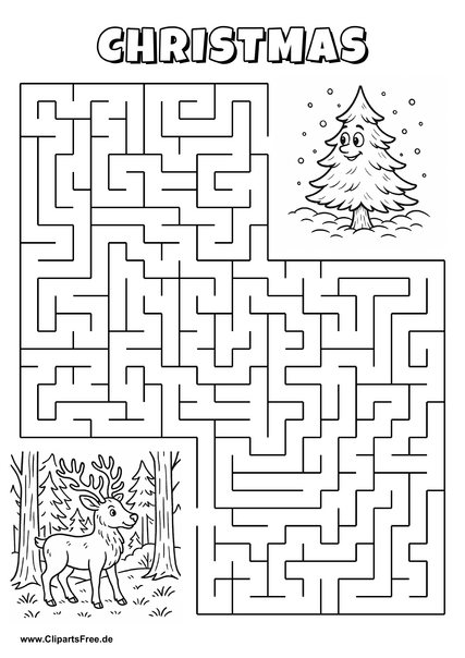 Labyrinth-Rätsel zum Drucken 'Rentier im Wald sucht den Weg zur Tanne'