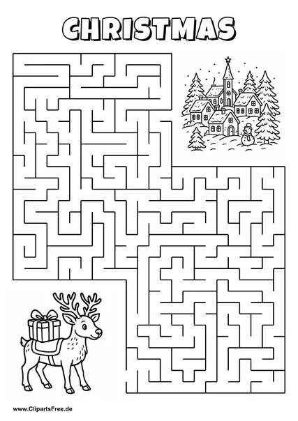 Labyrinth-Rätsel zum Drucken 'Rentier mit Geschenk sucht den Weg zum Weihnachtsdorf'