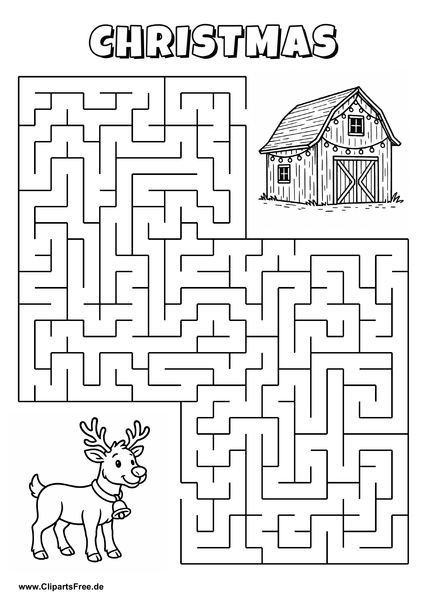 Labyrinth-Rätsel zum Drucken 'Rentier mit Glocke sucht den Weg zur Scheune mit Lichtern'