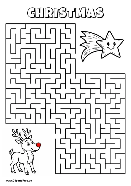 Labyrinth-Rätsel zum Drucken 'Rentier mit roter Nase sucht den Weg zur Sternschnuppe'