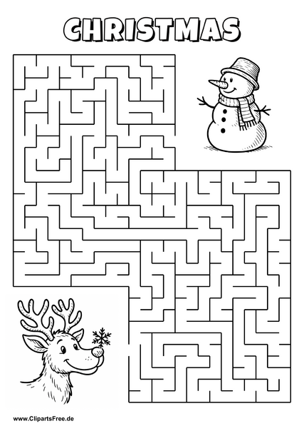 Labyrinth-Rätsel zum Drucken 'Rentier mit Schneeflocke sucht den Weg zum Schneemann'