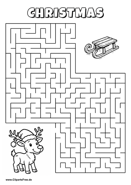 Labyrinth-Rätsel zum Drucken 'Rentier mit Weihnachtsmütze sucht den Weg zum Schlitten'