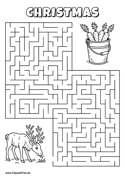 Labyrinth-Rätsel zum Drucken 'Rentier sucht den Weg zum Eimer mit Karotten'
