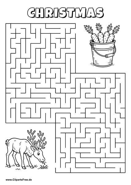 Labyrinth-Rätsel zum Drucken 'Rentier sucht den Weg zum Eimer mit Karotten'