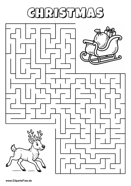 Labyrinth-Rätsel zum Drucken 'Rentier sucht den Weg zum Schlitten vom Weihnachtsmann'