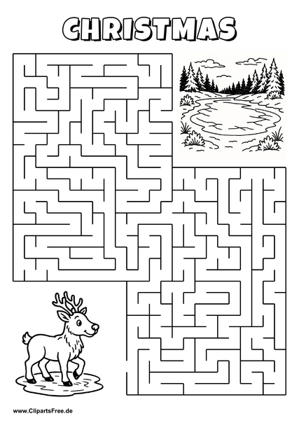 Labyrinth-Rätsel zum Drucken 'Rentier sucht den Weg zum See'