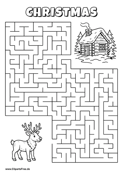 Labyrinth-Rätsel zum Drucken 'Rentier sucht den Weg zur warmen Winterhütte'