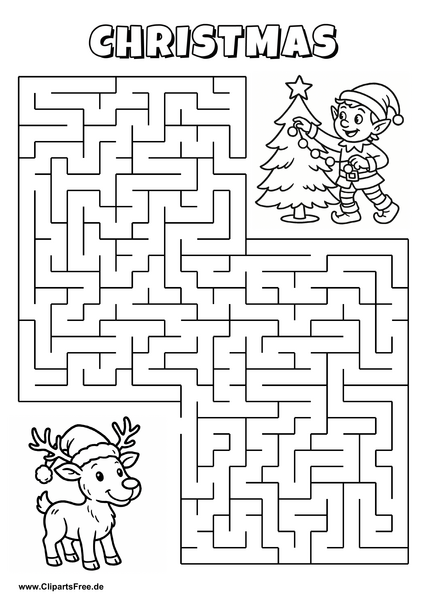 Labyrinth-Rätsel zum Drucken 'Rentier sucht den Weg zur Weihnachtsfeier'
