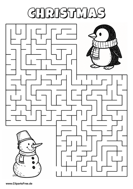 Labyrinth-Rätsel zum Drucken 'Schneemann mit Eimer sucht den Weg zum Pinguin'
