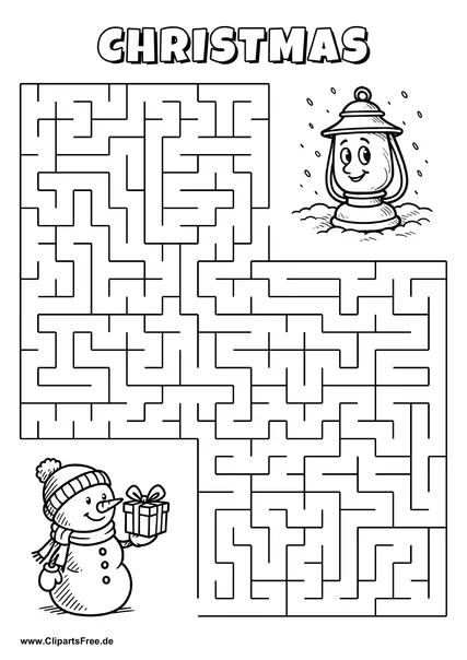 Labyrinth-Rätsel zum Drucken 'Schneemann mit Geschenkbox sucht den Weg zur Lampe'