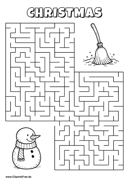 Labyrinth-Rätsel zum Drucken 'Schneemann mit Schal sucht den Weg zum Besen im Schnee'