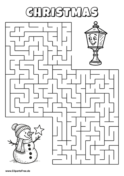 Labyrinth-Rätsel zum Drucken 'Schneemann mit Stern sucht den Weg zur Laterne'