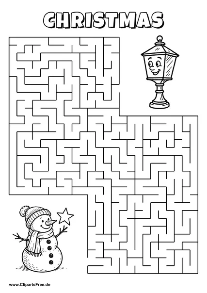 Labyrinth-Rätsel zum Drucken 'Schneemann mit Stern sucht den Weg zur Laterne'