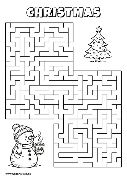 Labyrinth-Rätsel zum Drucken 'Schneemann mit Tasse Kakao sucht den Weg zum Weihnachtsbaum'