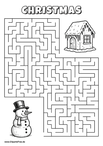 Labyrinth-Rätsel zum Drucken 'Schneemann mit Zylinder sucht den Weg zum Eiszapfenhaus'