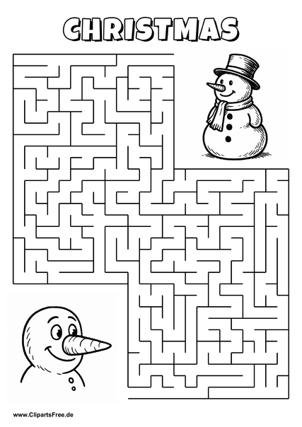 Labyrinth-Rätsel zum Drucken 'Schneemann sucht den Weg zum anderen Schneemann'