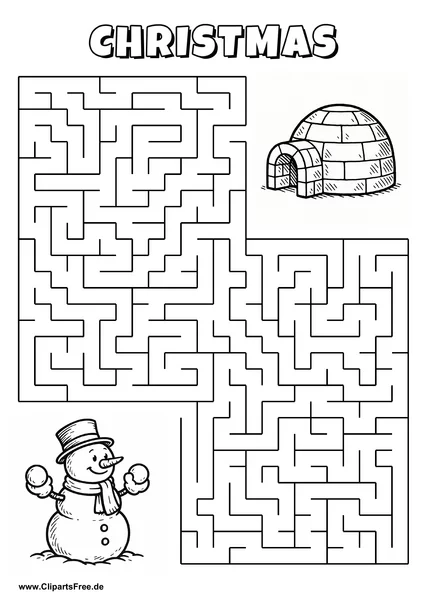Labyrinth-Rätsel zum Drucken 'Schneemann sucht den Weg zum Iglu'