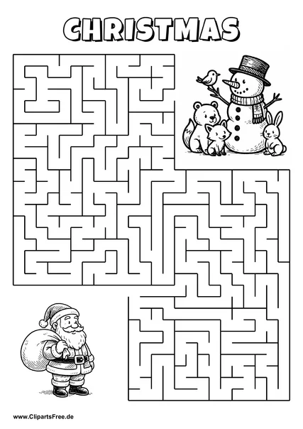 Labyrinth-Rätsel zum Drucken 'Schneemann sucht den Weg zur Weihnachtsparty'