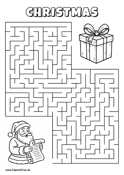 Labyrinth-Rätsel zum Drucken 'Weihnachtsmann sucht den Weg zum großen Geschenkpaket'