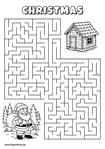 Labyrinth-Rätsel zum Drucken 'Weihnachtsmann sucht den Weg zur Hütte im Wald'