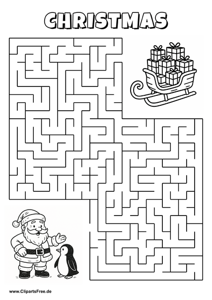Labyrinth-Rätsel zum Drucken 'Weihnachtsmann und Pinguin suchen den Weg zu ihren Schlitten'